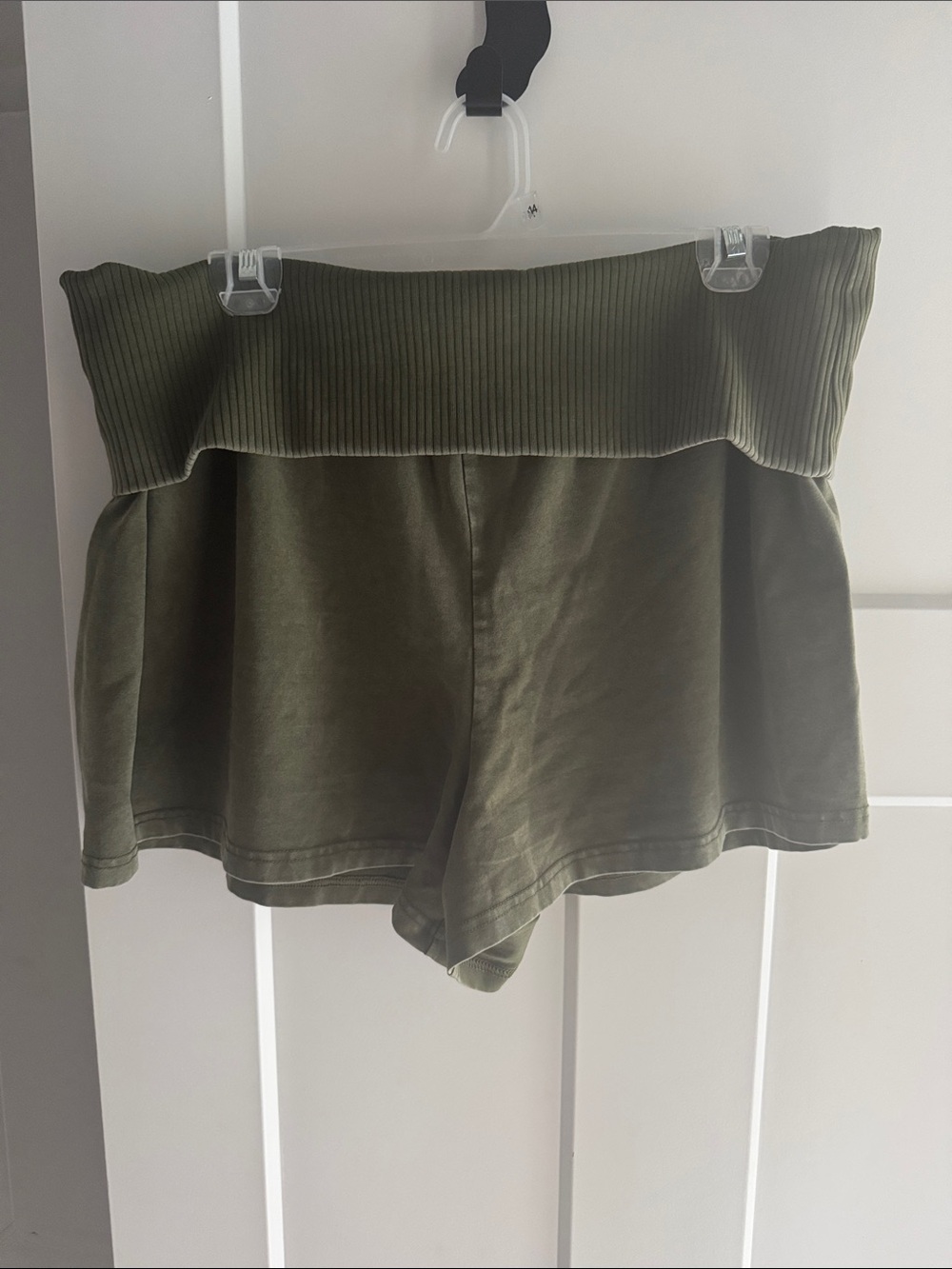 High-Waist Olive Green Ribbed Fold-Over Shorts